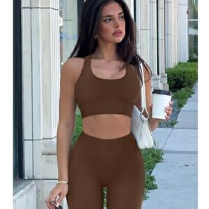 Women Workout Set Seamless High Waist Legging Padded Racerback Sports Bra Brown